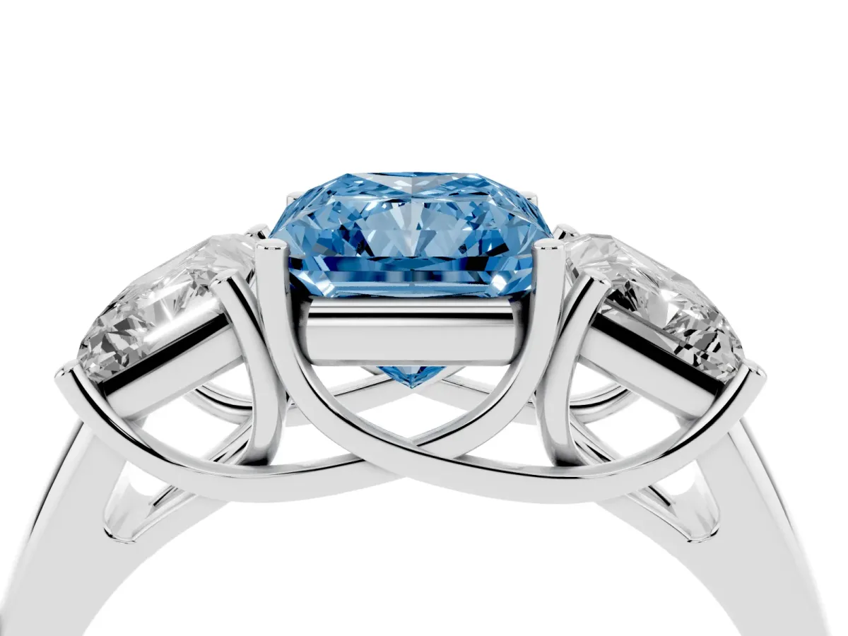 Fancy Blue Three-Stone Radiant Cut Diamond Engagement Ring with Prong Setting White gold