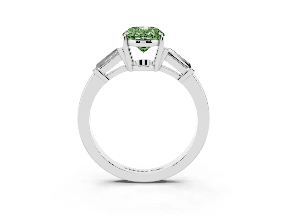 Fancy Green Oval Cut Diamond Three-Stone Ring with Tapered Baguette Side Stones and Prong Setting White gold