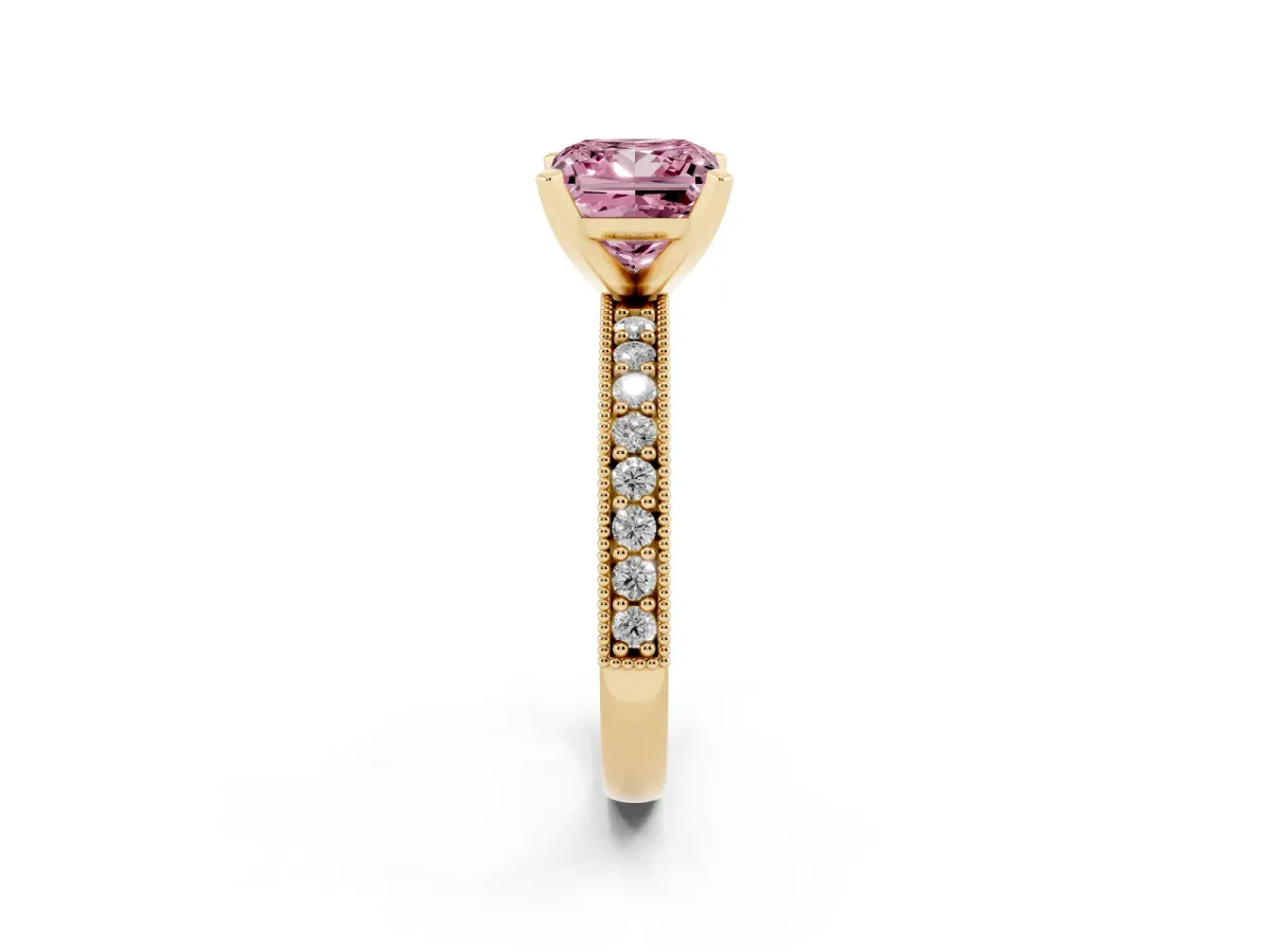 Fancy Pink Princess Cut Diamond Milgrain Pavé Engagement Ring with Four-Prong Setting Yellow gold