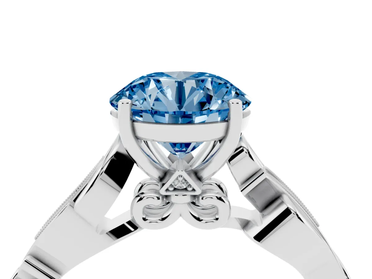 Fancy Blue Round Cut Solitaire Vine Band with Milgrain Prong Setting Platinum