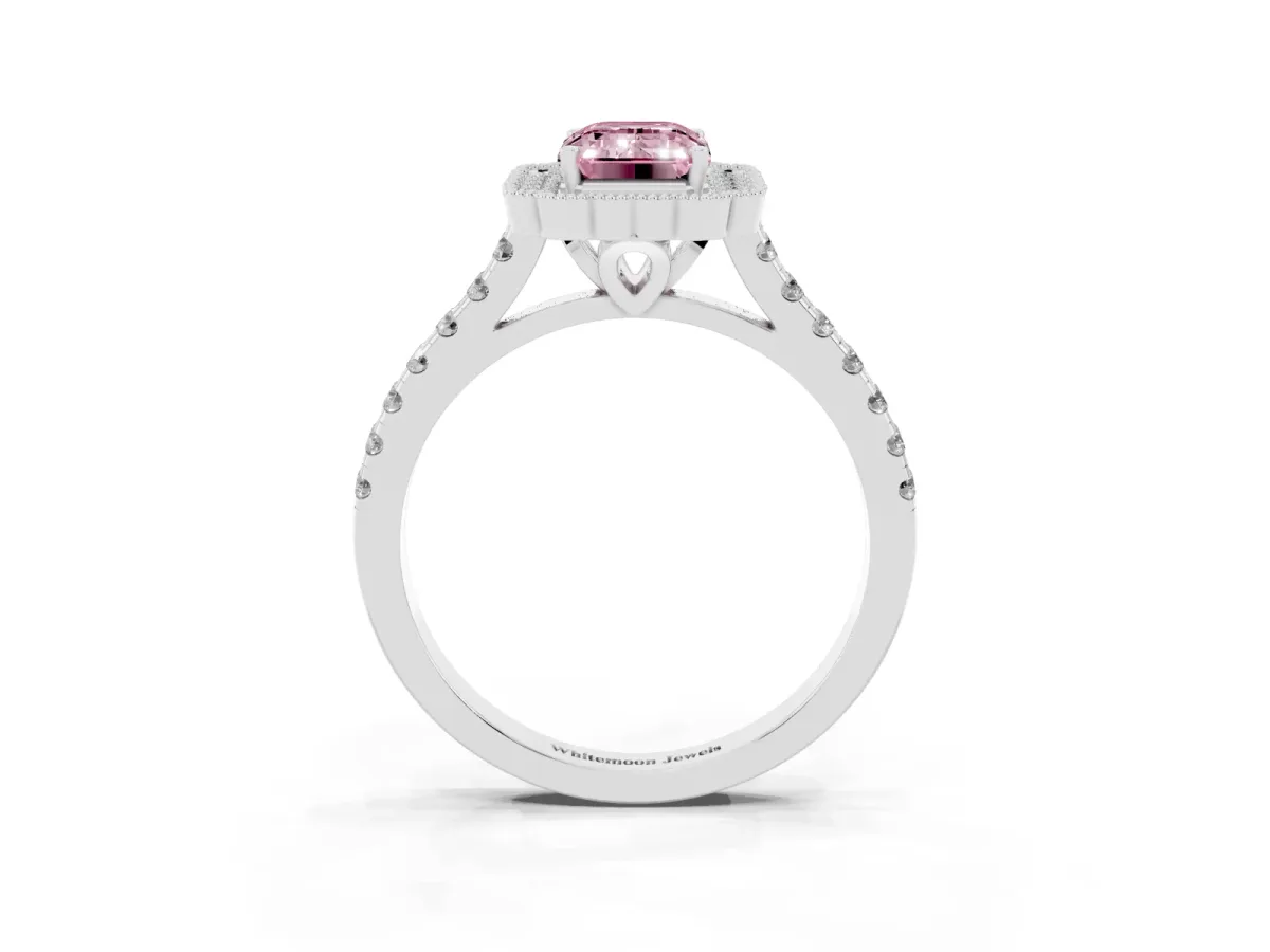 Fancy Pink Emerald Cut Cut Diamond Milgrain Floral Halo Engagement Ring with Pavé Band White gold