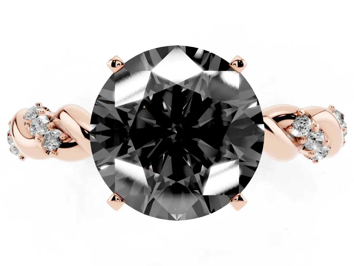 Fancy Black Round Cut Diamond Solitaire Ring with Twisted Band and Pavé Accents Rose gold