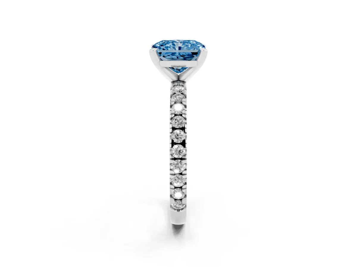 Fancy Blue Radiant Cut Diamond Pavé Band Solitaire with Four-Prong Setting Silver