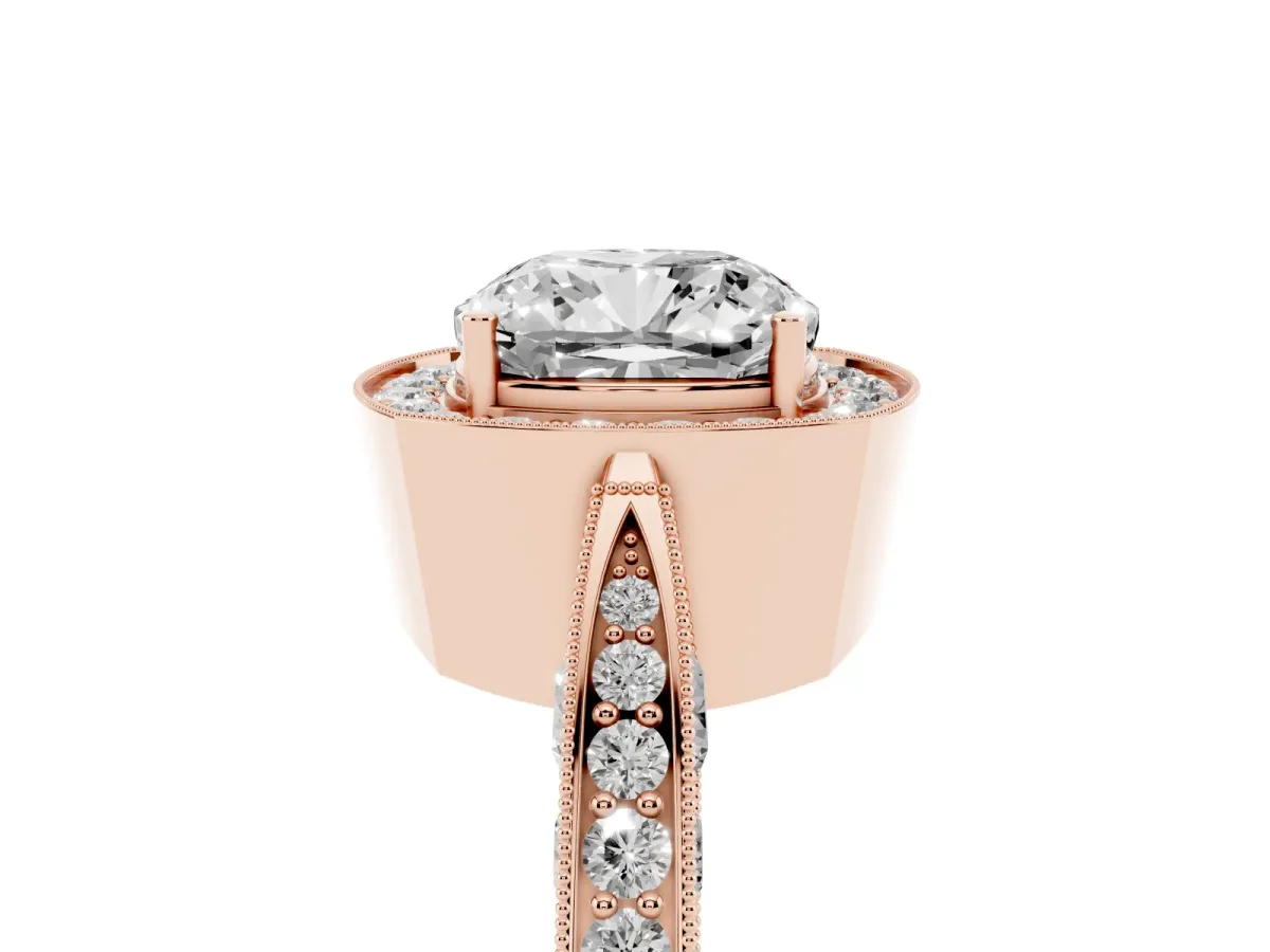 Cushion Cut Halo Diamond Engagement Ring with Split Shank Band and Four-Prong Setting Rose gold