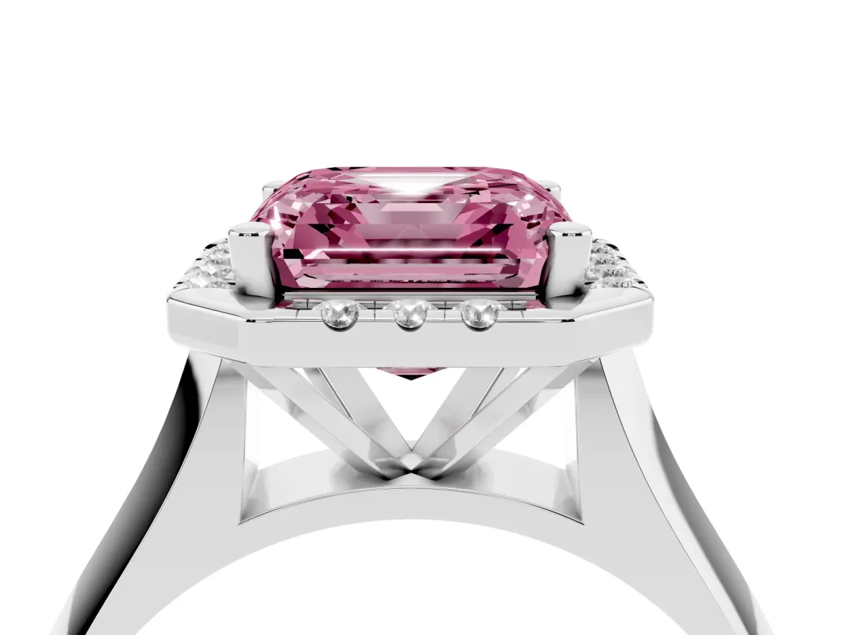 Fancy Pink Asscher Cut Cut Halo Solitaire Engagement Ring with Square Band and Four-Prong Setting Platinum