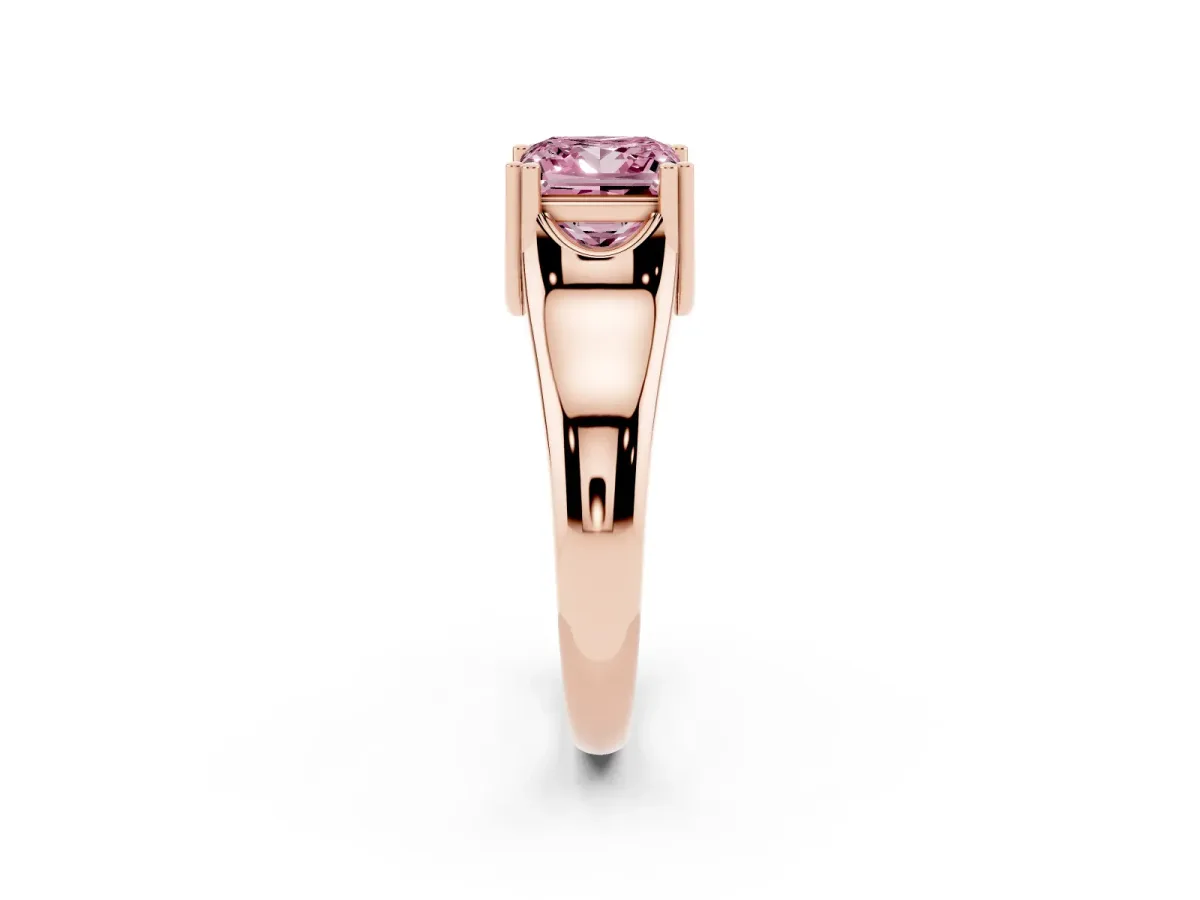 Fancy Pink Princess Cut Diamond Solitaire Ring with Wide Band and Prong Setting Rose gold