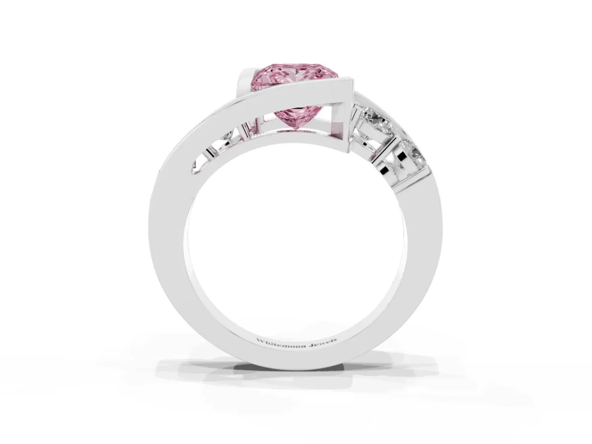 Fancy Pink Bezel Set Princess Cut Diamond Bypass Ring with Round Accents Silver