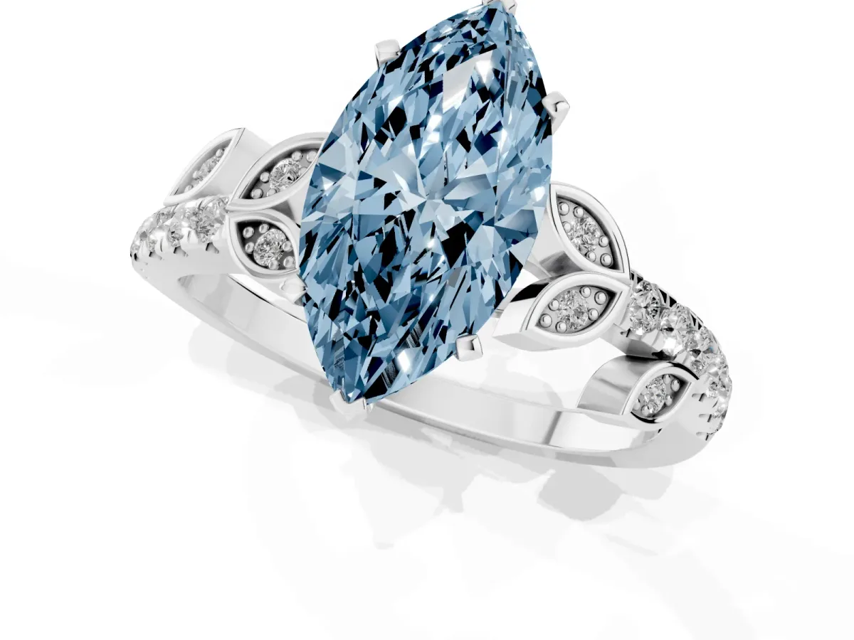 Fancy Blue Marquise Cut Solitaire Leaf-Inspired Diamond Ring with Pavé Band and Four-Prong Setting Silver