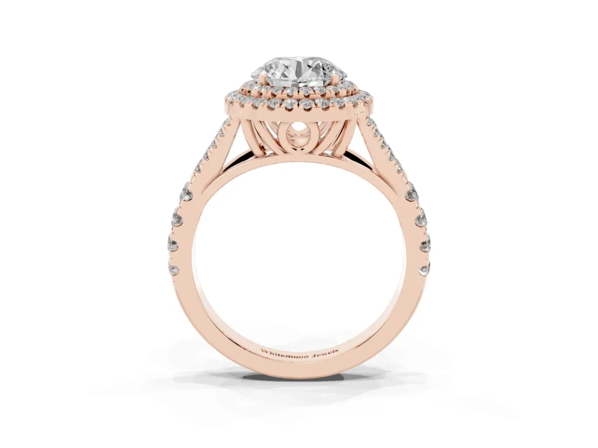 Round Cut Diamond Double Halo Ring with Split Shank and Prong Setting Rose gold
