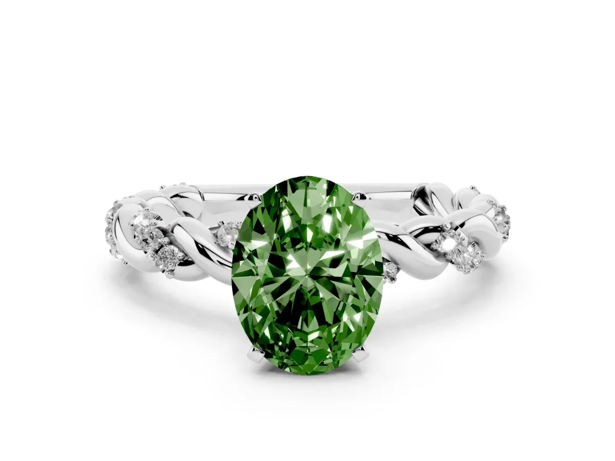 Fancy Green Oval Cut Diamond Solitaire Ring with Twisted Band and Pavé Accents White gold
