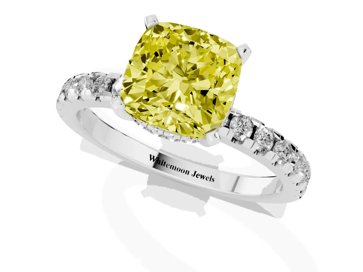 Fancy Yellow Cushion Cut Diamond Solitaire Ring with Round Pavé Band and Four-Prong Setting Silver