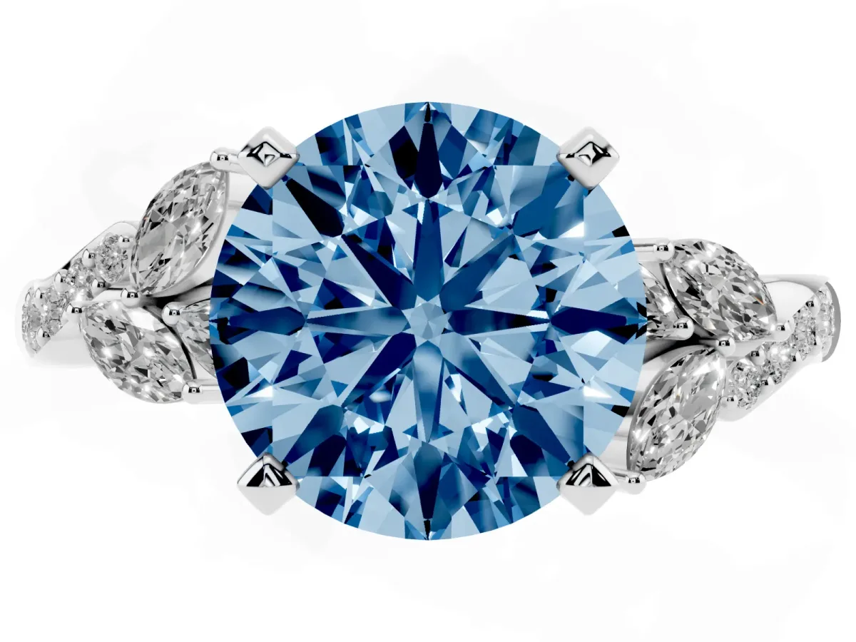 Fancy Blue Round Cut Solitaire Marquise Twist Band with Six-Prong Setting Silver