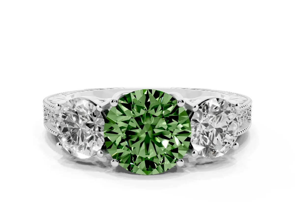 Fancy Green Three-Stone Round Cut Cut Milgrain Pavé Engagement Ring Platinum