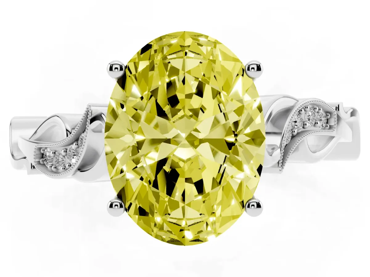 Fancy Yellow Oval Cut Solitaire Vine Band with Milgrain Prong Setting Silver