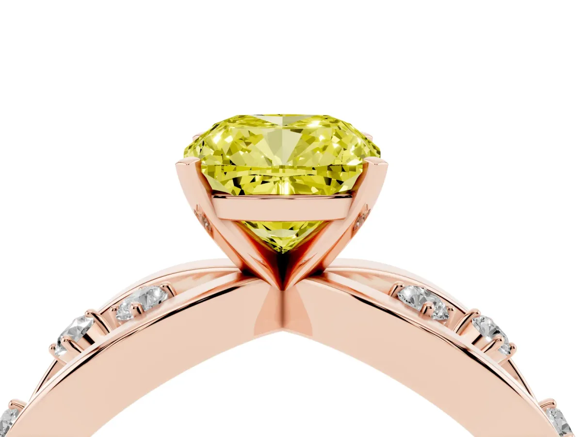 Fancy Yellow Cushion Cut Cut Solitaire Diamond with Side Stones on Criss-Cross Band and Four-Prong Setting Rose gold