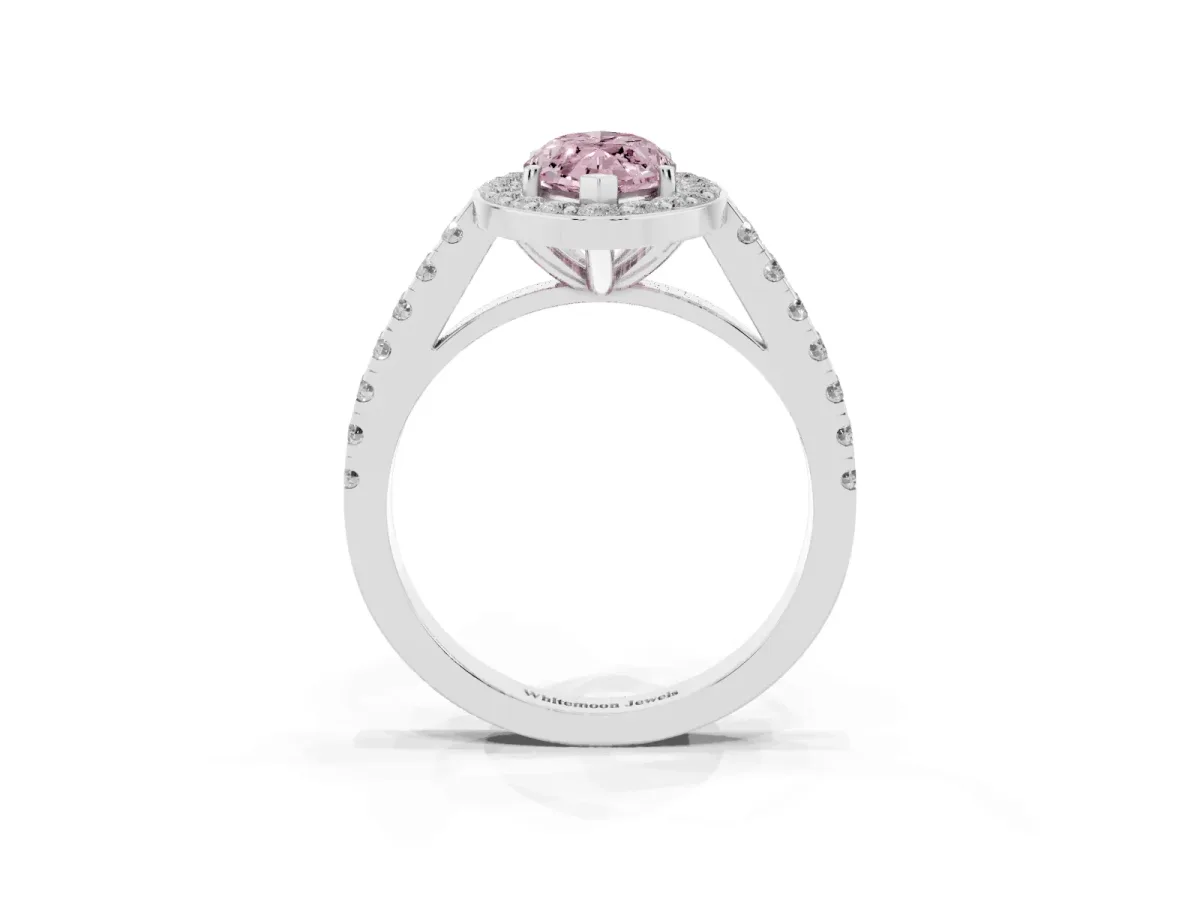 Fancy Pink Marquise Cut Diamond Halo Ring with Round Pavé Split Shank and Prong Setting Silver