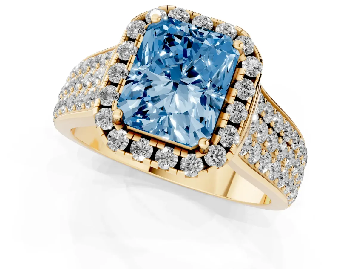 Fancy Blue Radiant Cut Halo Round Diamond Pave Band with Prong Setting Yellow gold