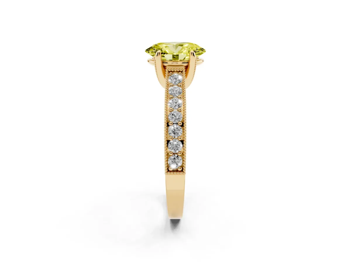 Fancy Yellow Oval Cut Cut Diamond Solitaire Ring with Milgrain Pave Band and Four Prong Setting Yellow gold