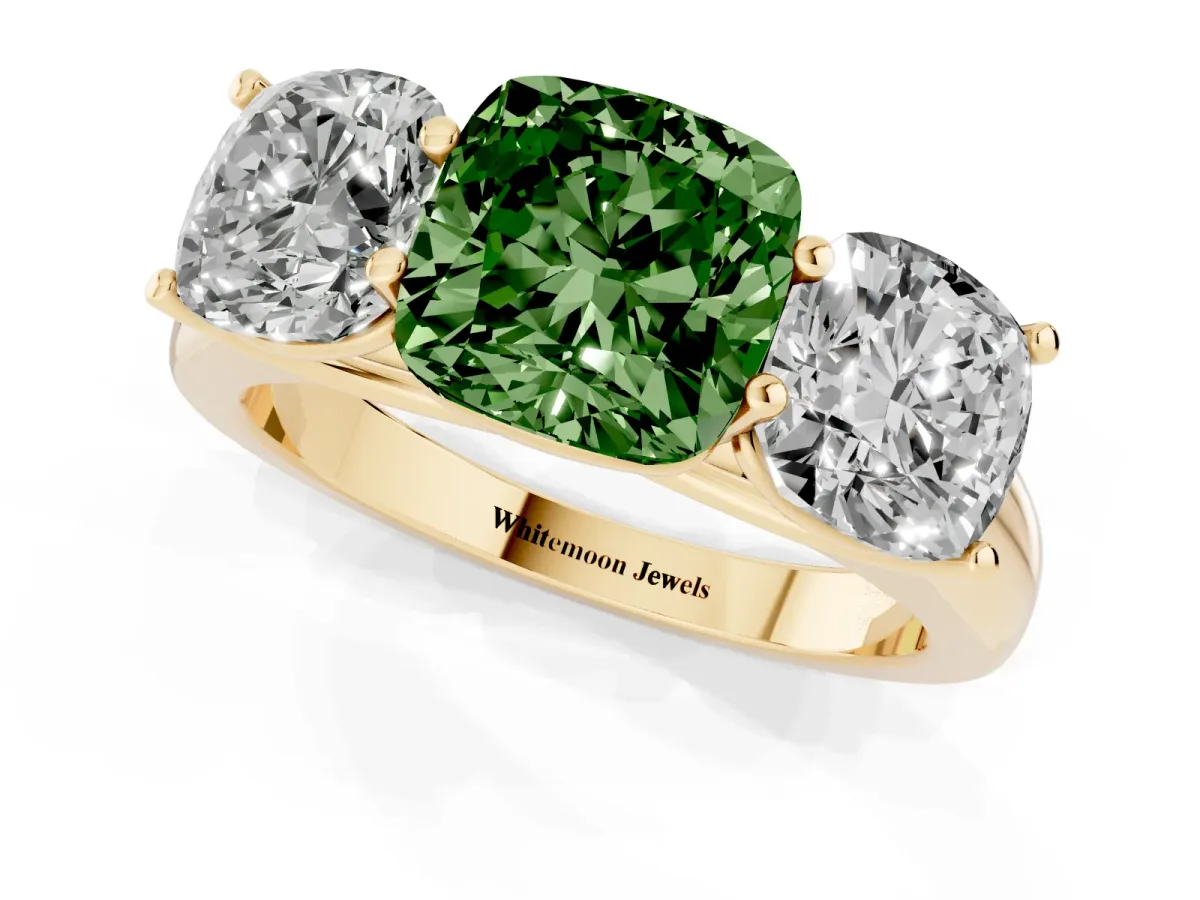 Fancy Green Cushion Cut Three-Stone Diamond Ring with Prong Setting on a Classic Band Yellow gold