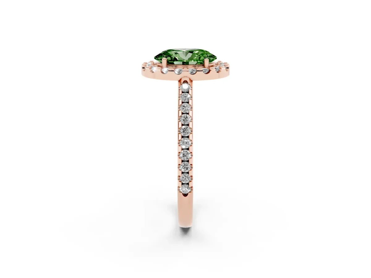 Fancy Green Oval Cut Diamond Pavé Halo Ring with Four-Prong Setting Rose gold