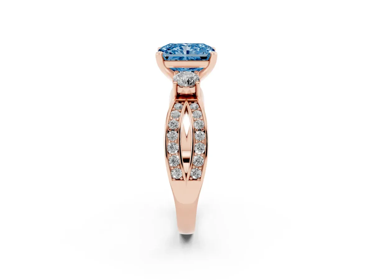 Fancy Blue Three-Stone Radiant Cut Cut Diamond Twist Band with Prong Setting Rose gold