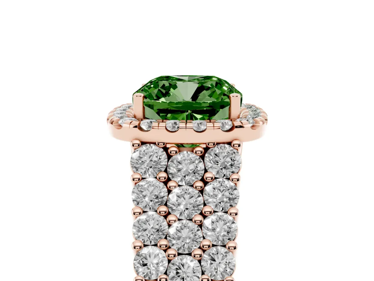 Fancy Green Cushion Cut Diamond Halo Engagement Ring with Triple Row Round Pavé Band and Prong Setting Rose gold