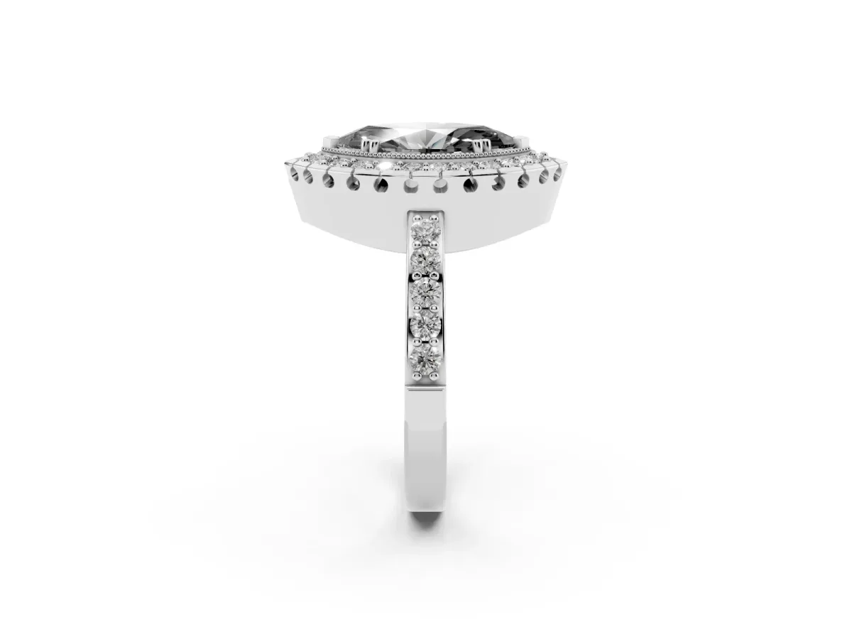 Fancy Black Marquise Cut Diamond Halo Ring with Pavé Band and Prong Setting Platinum