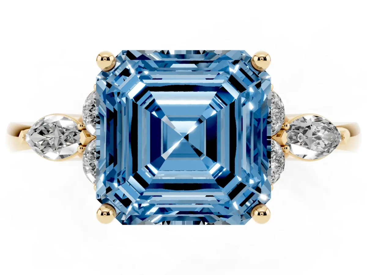 Fancy Blue Asscher Cut Brilliant Diamond Solitaire Ring with Pear Side Stones and Four-Prong Setting Yellow gold