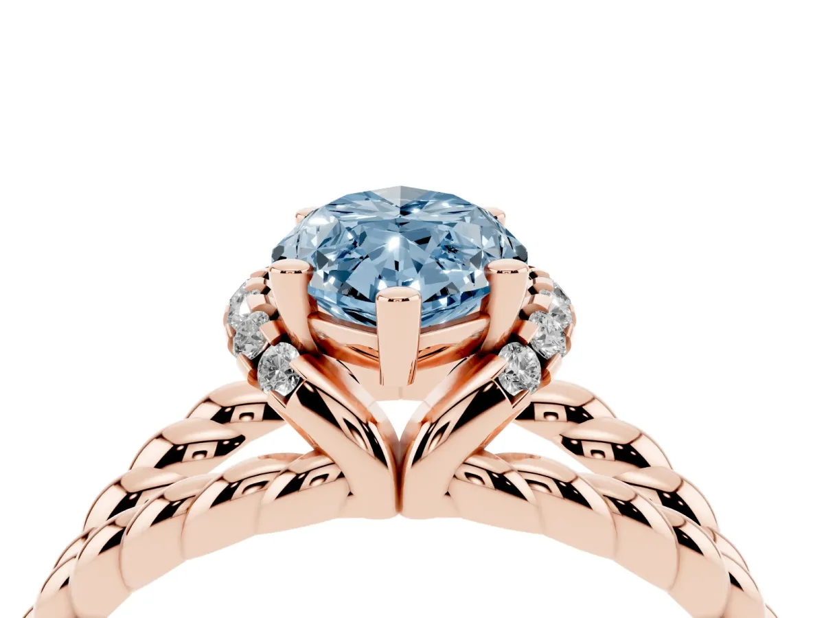 Fancy Blue Marquise Cut Halo Twisted Band Four-Prong Ring Rose gold