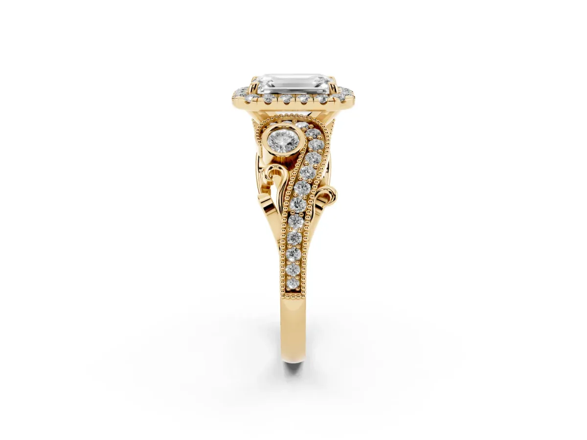 Emerald Cut Halo Diamond Ring with Milgrain and Bezel Accents on a Split Shank Band Yellow gold
