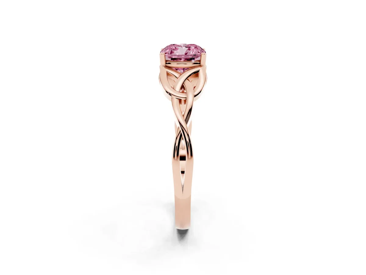 Fancy Pink Cushion Cut Diamond Solitaire Engagement Ring with Celtic Knot Band and Four-Prong Setting Rose gold