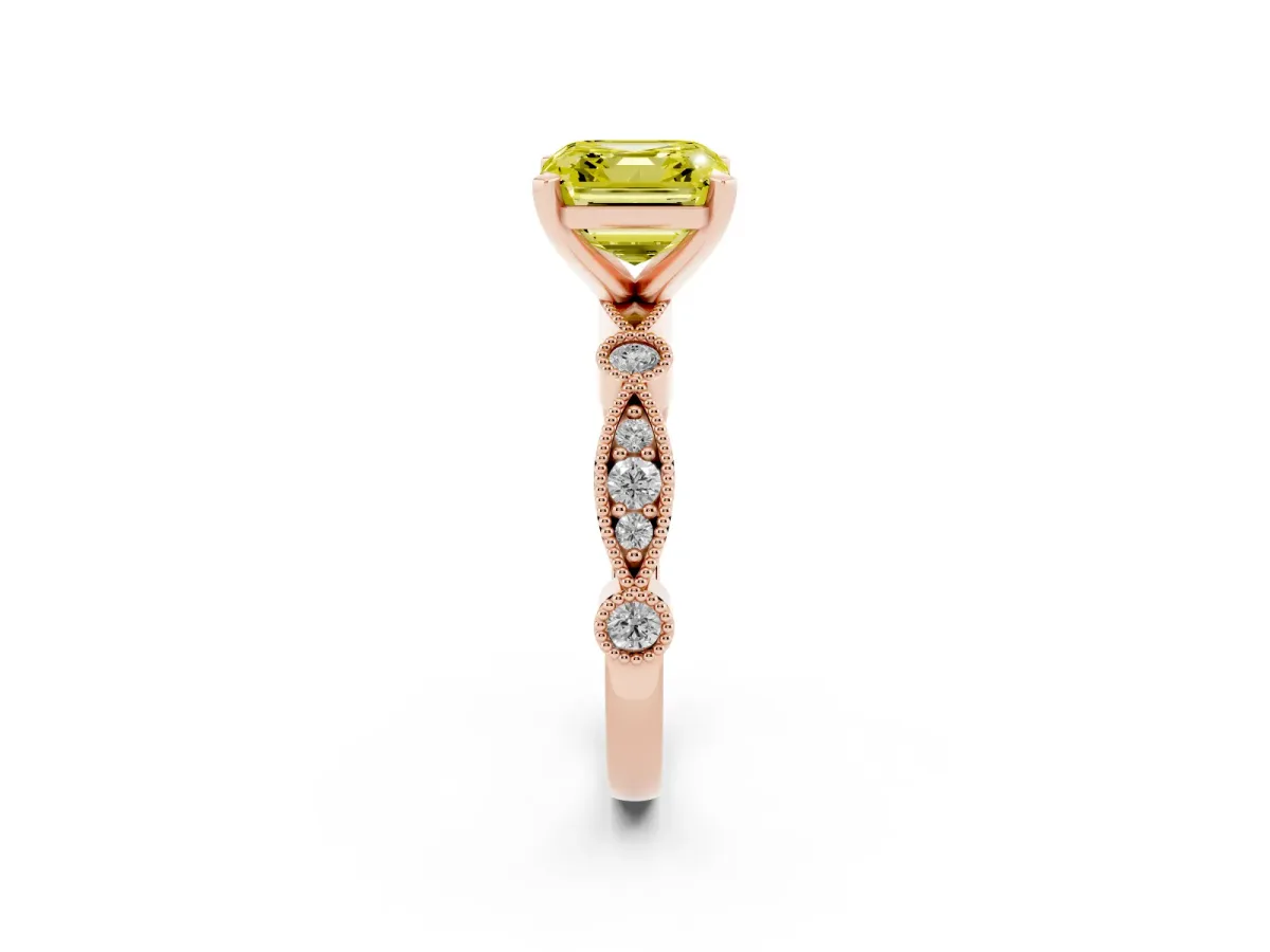 Fancy Yellow Asscher Cut Milgrain Bezel Diamond Engagement Ring with Solitaire Prong Setting Rose gold