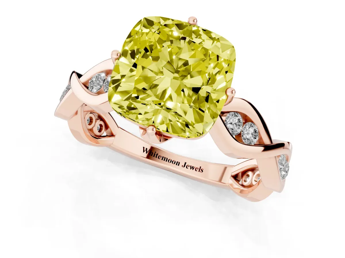 Fancy Yellow Cushion Cut Solitaire Twist Band with Leaf Prong Setting Rose gold