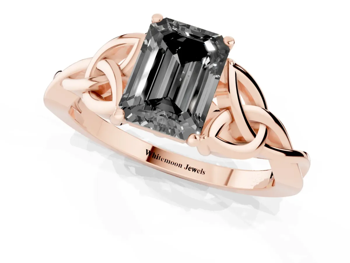 Fancy Black Emerald Cut Diamond Solitaire Engagement Ring with Celtic Knot Band and Four-Prong Setting Rose gold
