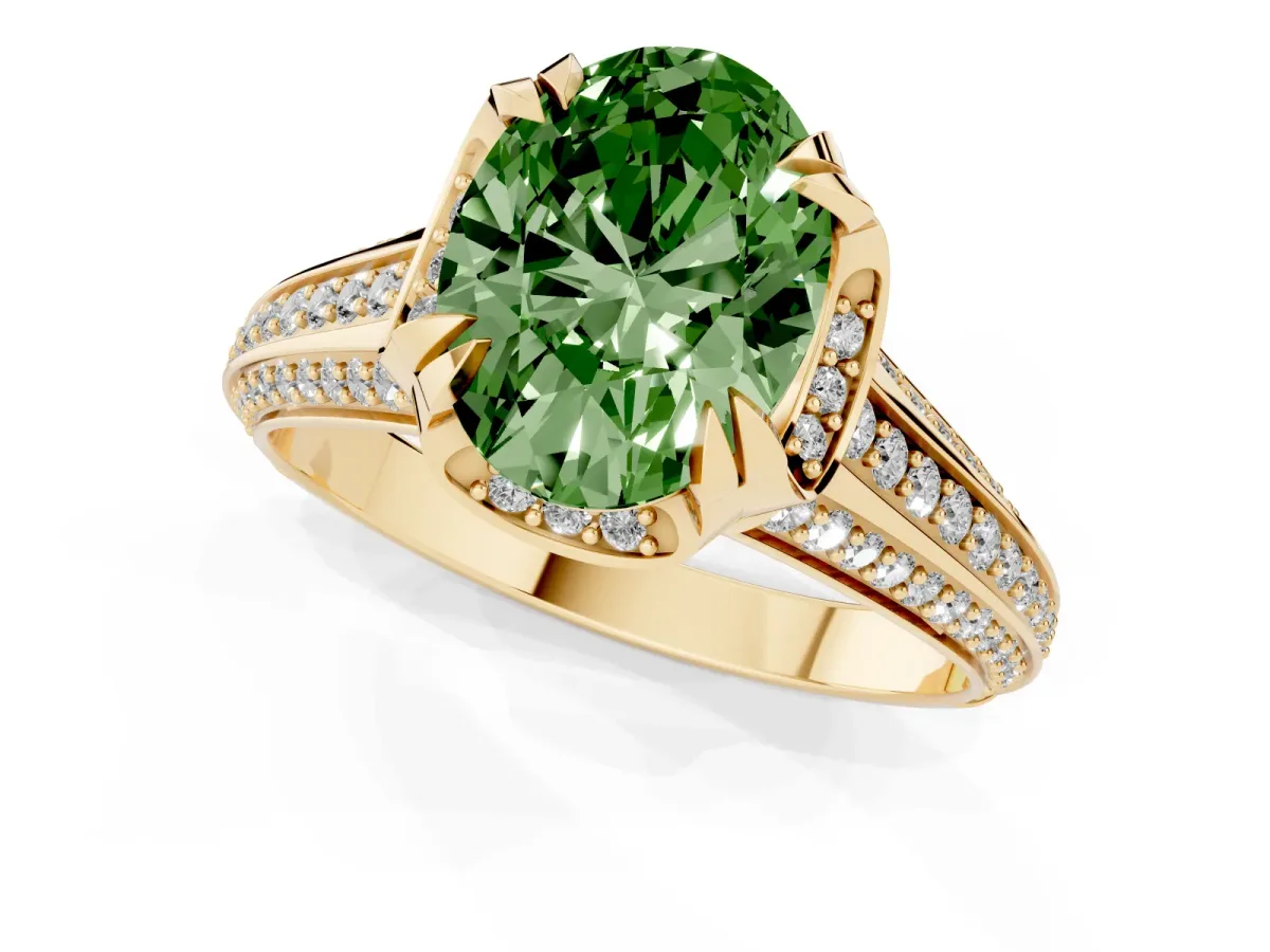 Fancy Green Oval Cut Solitaire Pave Split Shank Ring with Four-Prong Setting Yellow gold