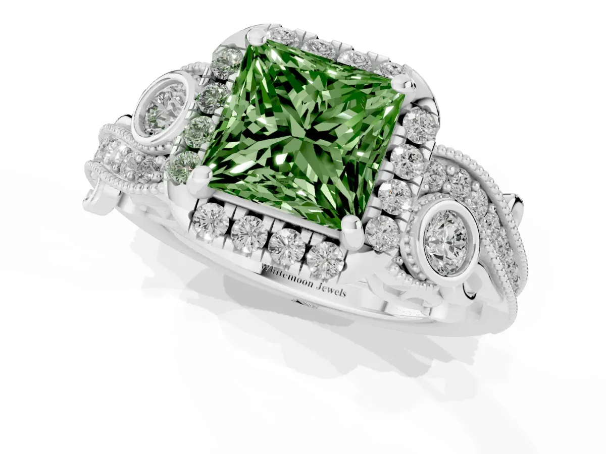 Fancy Green Princess Cut Diamond Halo Ring with Milgrain Pavé Band and Four-Prong Setting Silver