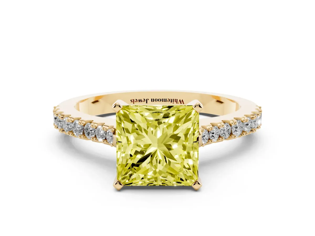 Fancy Yellow Princess Cut Cut Solitaire Diamond Engagement Ring with Pave Band and Four-Prong Setting Yellow gold