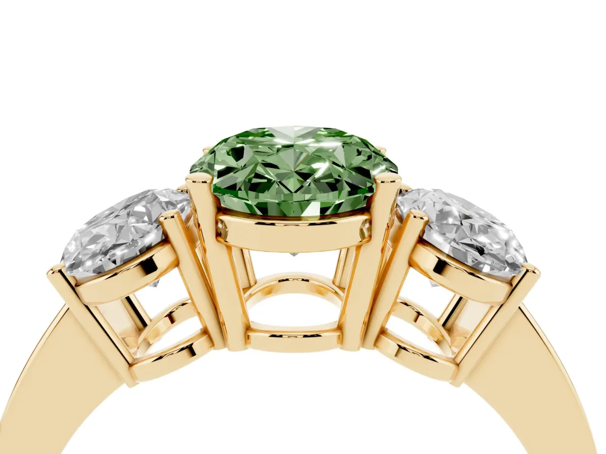 Fancy Green Three-Stone Oval Cut Cut Diamond Engagement Ring with Flat Band and Four-Prong Setting Yellow gold