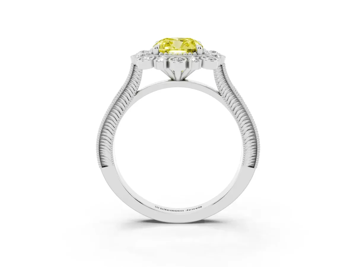 Fancy Yellow Cushion Cut Halo Milgrain Pave Diamond Ring with Four-Prong Setting Silver