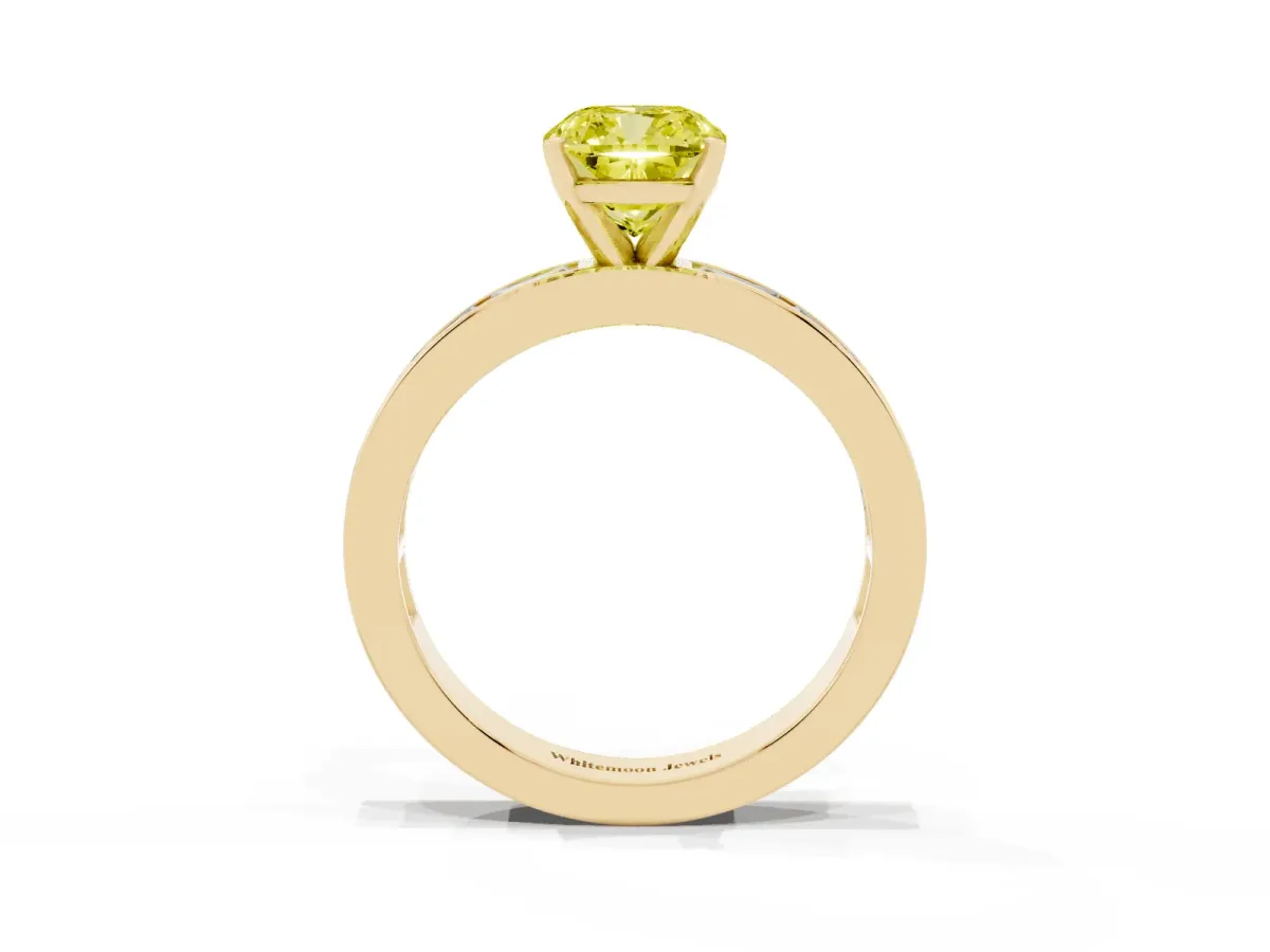 Fancy Yellow Cushion Cut Solitaire Diamond Ring with Channel-Set Baguette Band and Four-Prong Setting Yellow gold