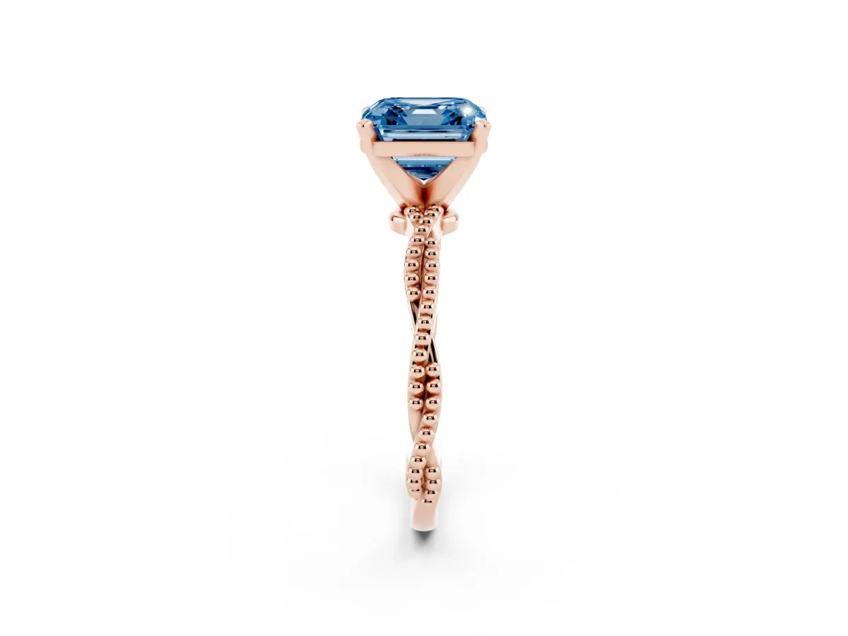 Fancy Blue Asscher Cut Solitaire Twisted Band with Bead Prong Setting Rose gold