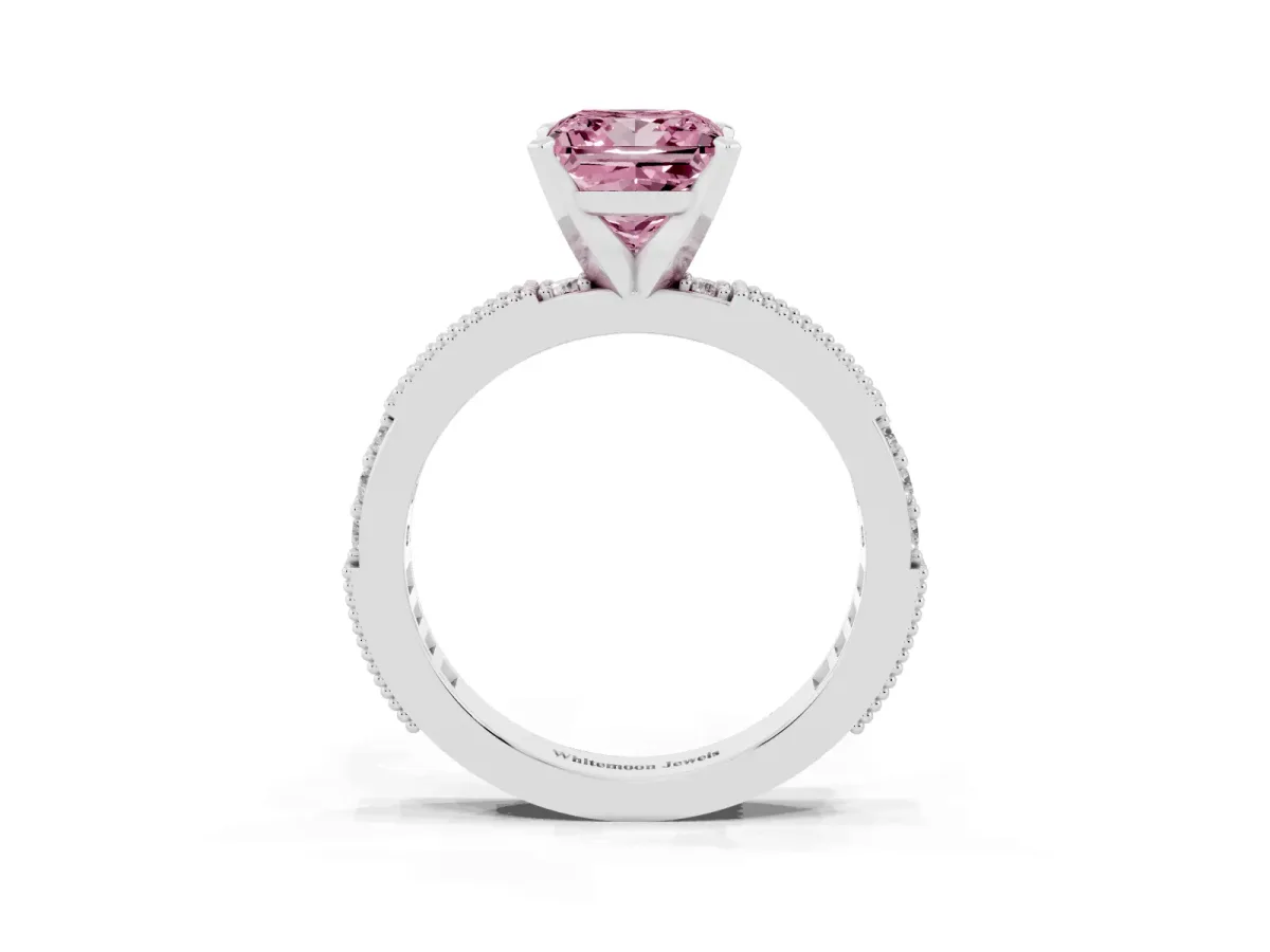 Fancy Pink Princess Cut Solitaire with Pavé Band and Four-Prong Setting Silver