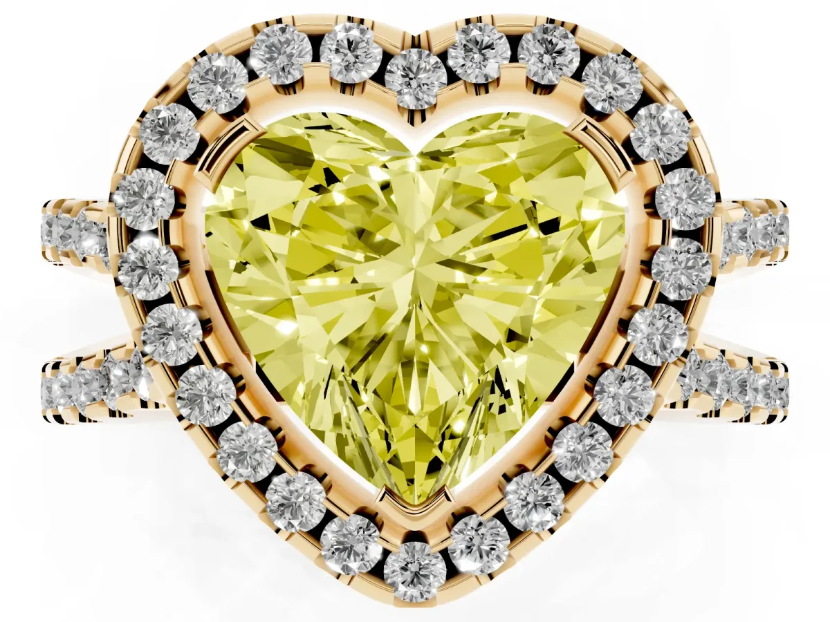 Fancy Yellow Heart Cut Diamond Halo Ring with Split Shank Pavé Band and Prong Setting Yellow gold