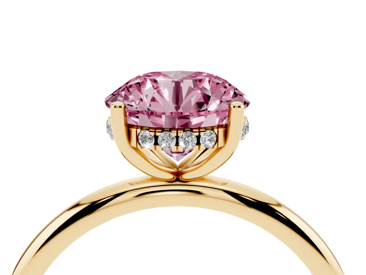 Fancy Pink Round Cut Cut Solitaire Engagement Ring with Four-Prong Setting and Classic Band Yellow gold