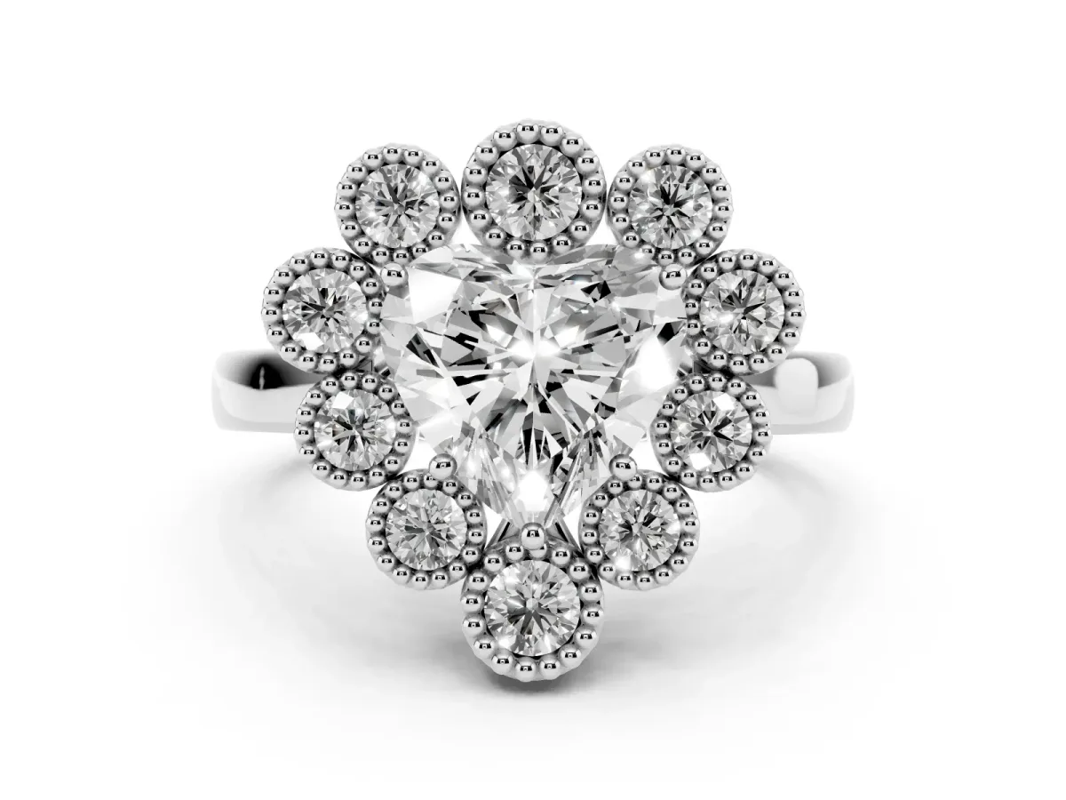 Heart Cut Halo Diamond Cluster Engagement Ring with Milgrain Bezel Setting and Solitaire Band White gold