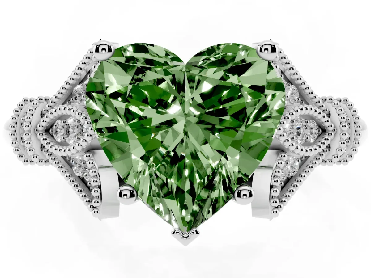 Fancy Green Heart Cut Diamond Solitaire Ring with Floral Filigree and Pave Accents Silver