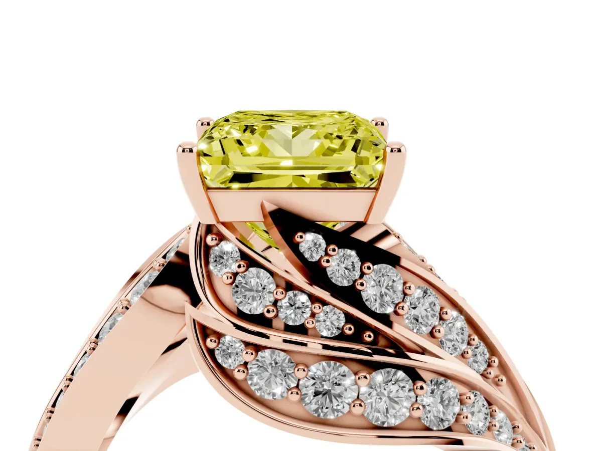Fancy Yellow Princess Cut Diamond Solitaire Ring with Prong Setting and Twisted Pavé Band Rose gold