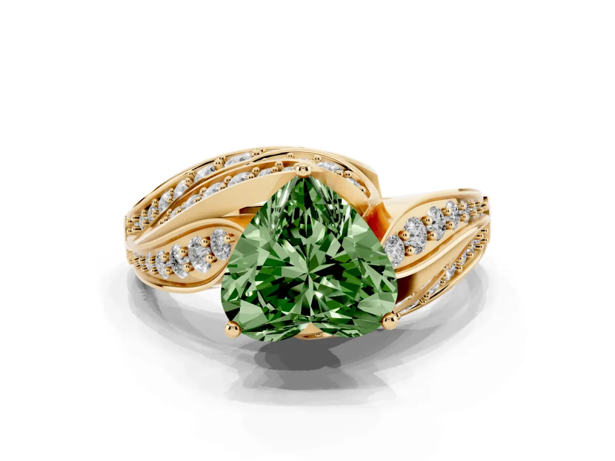 Fancy Green Heart Cut Diamond Solitaire Ring with Prong Setting and Twisted Pavé Band Yellow gold