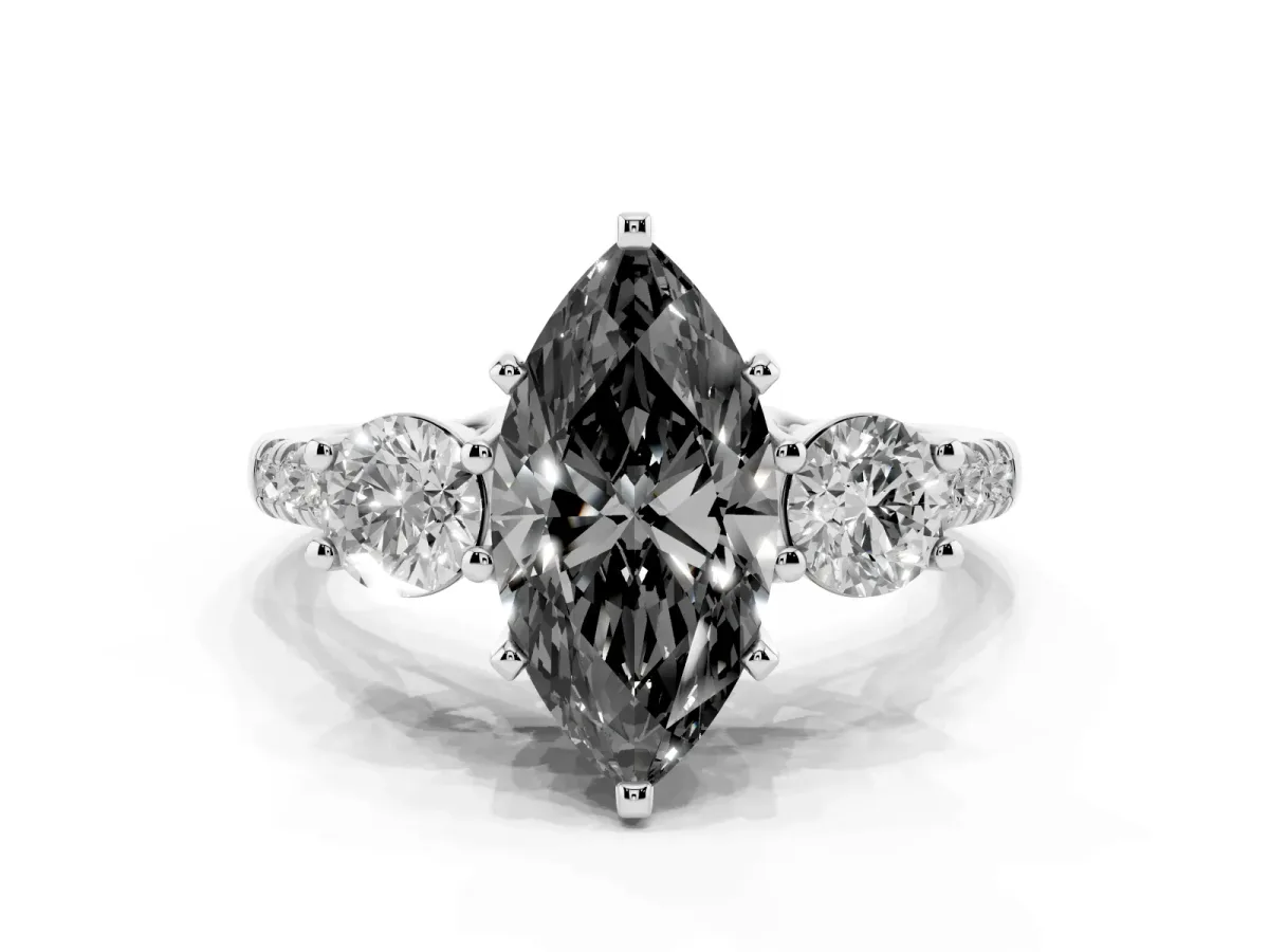 Fancy Black Three-Stone Marquise Cut Diamond Pavé Band with Four-Prong Setting Silver