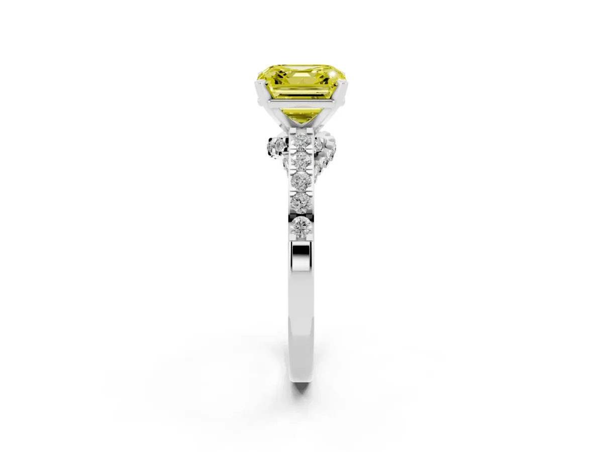 Fancy Yellow Asscher Cut Diamond Solitaire Ring with Crossover Gallery and Round Pavé Band Platinum